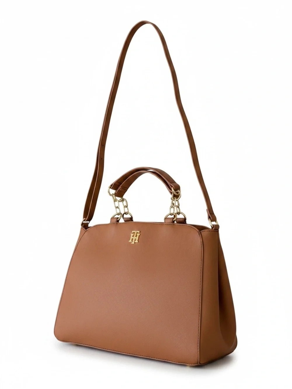 Tommy Hilfiger Cognac Faux Leather Satchel with Gold Hardware